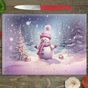 Christmas Cutting Board Design Download, Snowman Glass Cutting Board PNG Printable Digital File, Pink Christmas Cutting Board PNG