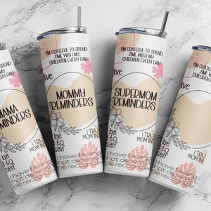 Boho Pink Mommy Reminders - affirmations 20oz skinny tumbler wrap - seamless sublimation design - Mother’s Day - digital download - png