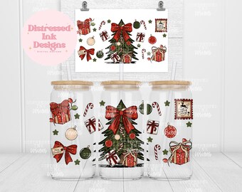 Christmas Tree Libbey Glass Wrap PNG | 16oz Glass Can Sublimation | Coquette Holiday UV DTF Wrap | Retro Bow Christmas Cup Design Png