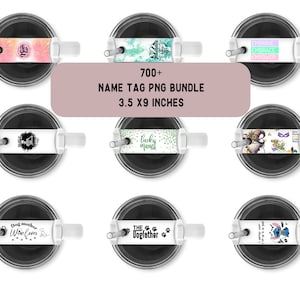 May include: A set of 700+ digital name tag PNG files for tumblers. The tags are 3.5 inches by 9 inches and feature various designs, including a lucky mama, dog mother, and the dogfather.