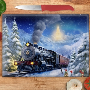 Christmas Cutting Board Design Download, Train Polar Express Glass Cutting Board PNG Printable Digital File