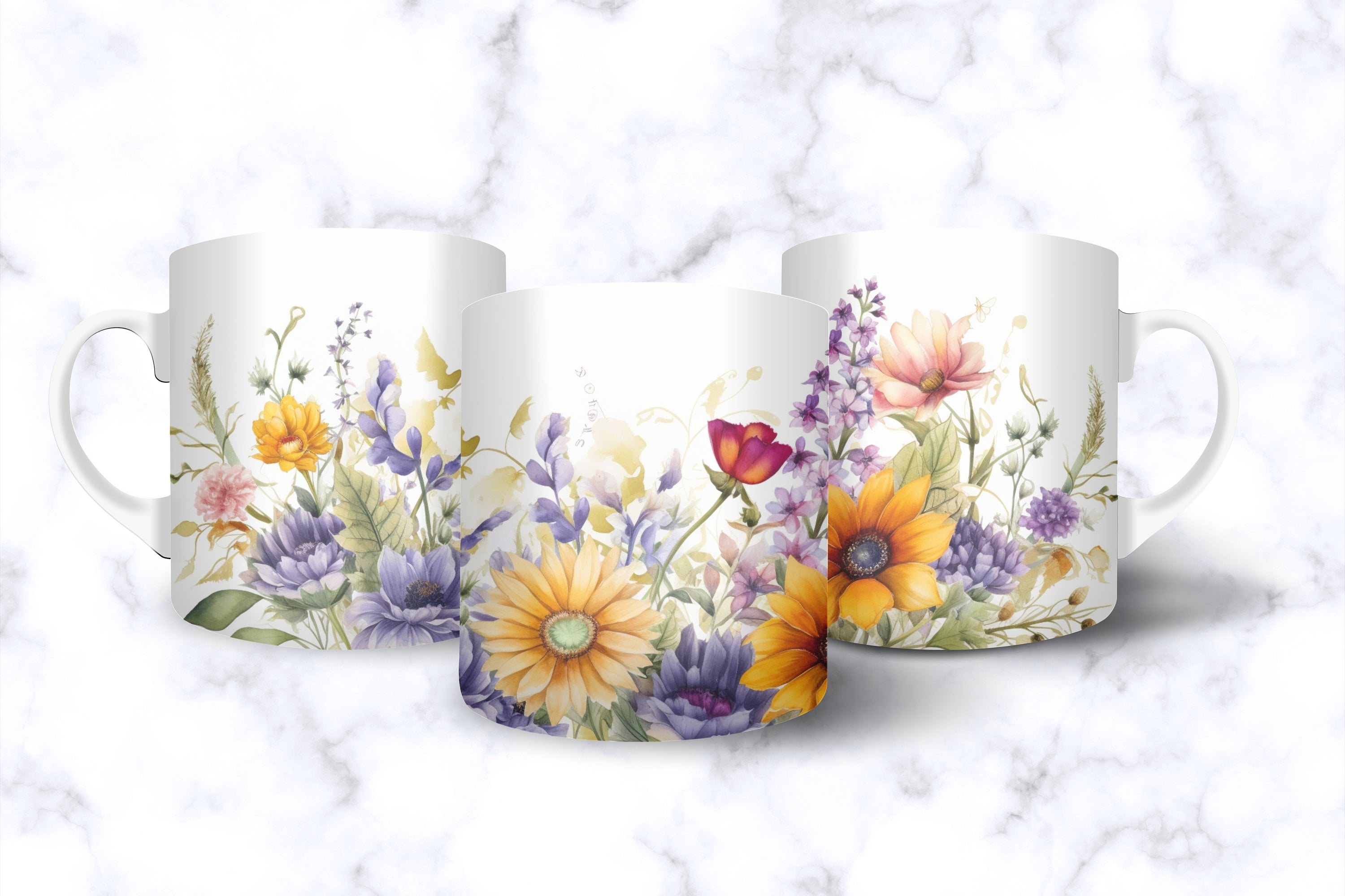 Watercolor Flower Garden Mug Design for Sublimation - Mug Template 11 oz and 15 oz - Mixed Flowers PNG - Watercolor Flower Mug Wrap