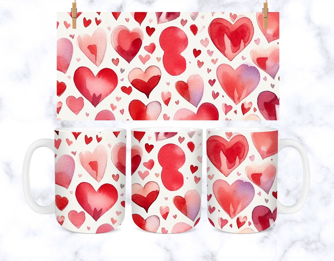Pink and Red Love Hearts Mug Wrap 15oz Mug Template, Love Mug