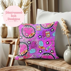 May include: A decorative square pillow with a vibrant pink and purple pattern. The design includes medical symbols like scrubs, pills, face masks, and thermometers, along with stars and lightning bolts. The pillow is on a wooden bench.