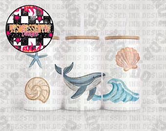 Ocean Libbey Glass Wrap PNG | Sublimatie voor glazen blikjes van 473 ml | Walvis & schelp UV DTF Wrap | Kustthema voor bekers | Digitale download