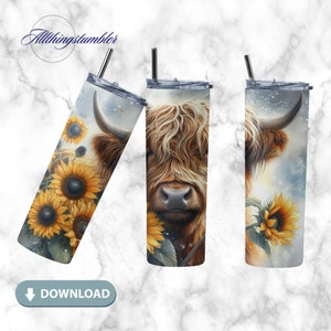 Western Sunflower Tumbler Design, Cowgirl Highland Cow Seamless Country Sublimation Designs Downloads Cowhide Tumbler - Skinny 20oz - PNG