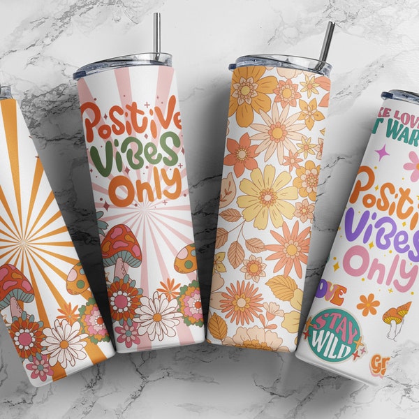 Retro Positive Vibes Tumbler Bundke, 20oz Skinny Tumbler Sublimation Designs Tumbler PNG File Digital Download