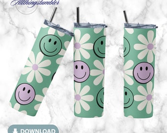 Retro Daisy Smile face 20 oz Skinny Tumbler PNG Design de sublimação Download digital - Teal Retro Daisy Tumbler PNG Design perfeito