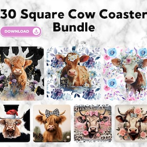 30 Square Coaster Sublimation Design, Car Coaster Designs, Round Sublimation Design, Instant Download, Commercial Use Png, Cute Cow, Rustic