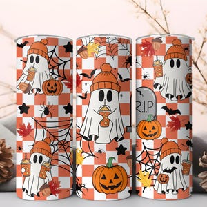 Cute Ghost 20oz Skinny Tumbler Png, Boo Png, Spooky Season, Cute Snarky Ghost Png, Funny Ghost Png, Funny Halloween Checkered Tumbler Wrap