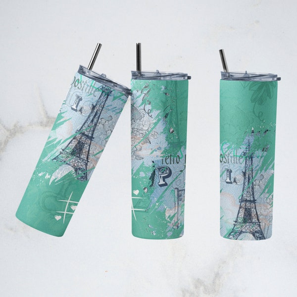 Paris 20oz Skinny Tumbler PNG, Tumbler Sublimation Design Download, Tumbler Wrap Waterslide, Digital Download