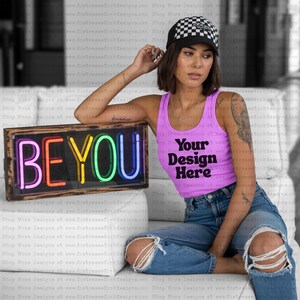 Retro Tank Top Mockup | Vintage Tee Mockup | Trendy Shirt | Digital Download | Neon Shirt Mock Up | Mockup for Shirt | Blank Mockup |Apparel