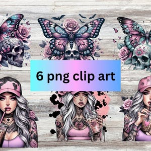 Könnte beinhalten: Sechs digitale Clipart-Bilder mit einem Schädel mit Schmetterlingsflügeln und floralen Akzenten sowie einer Frau mit einer rosa Baseballkappe und Tattoos, die eine Tasse Kaffee hält.