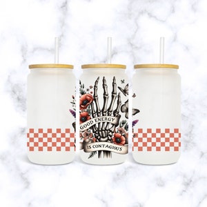 Retro - 16 oz Libbey Glass Can Tumbler Sublimation Design - Design Digital Download PNG, Retro Skeleton Hand Libbey Can PNG