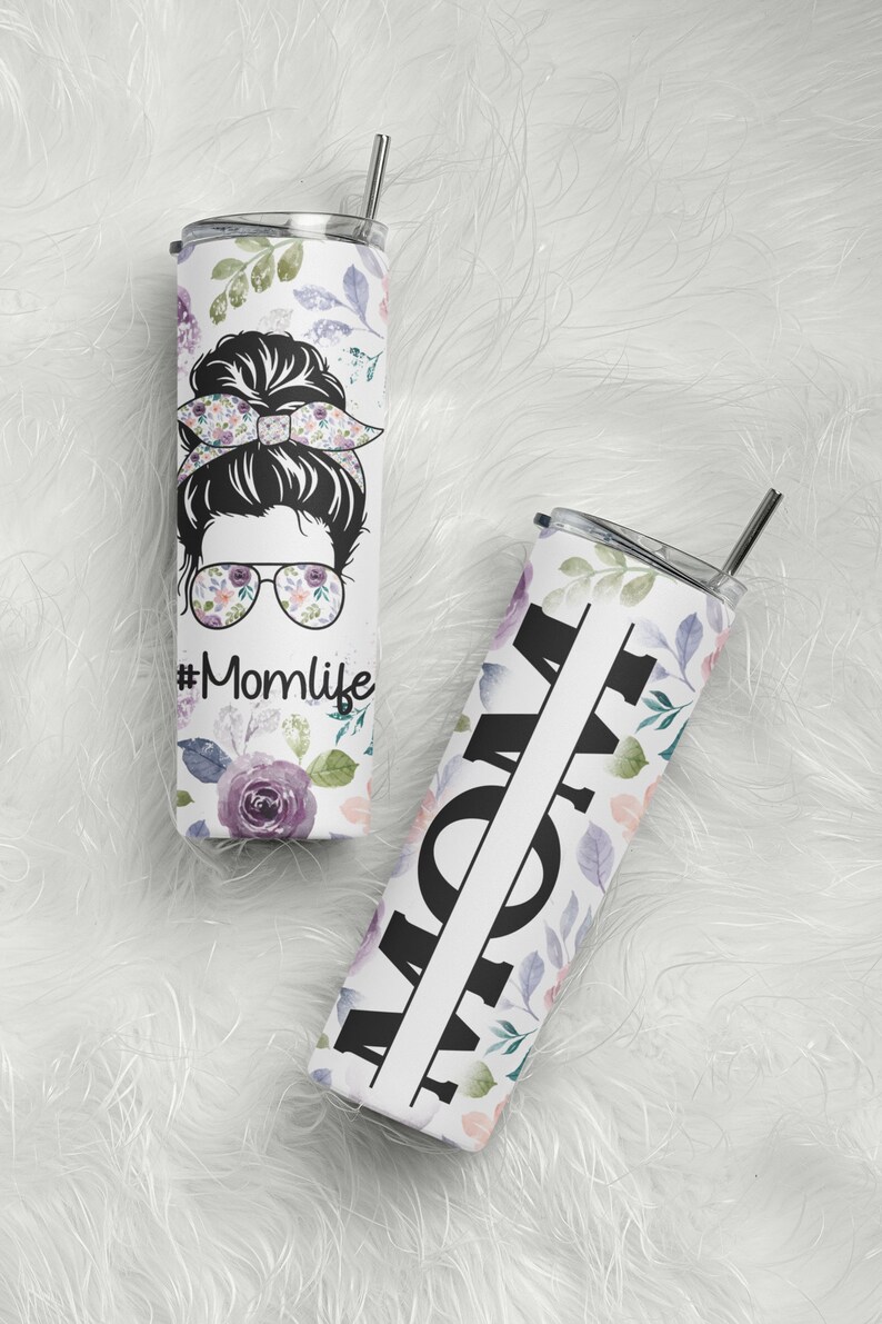 Mom Life Tumbler PNG, Mom Bun Hair Seamless Sublimation Designs Downloads Skinny Tumbler 20oz Design bundle 2023 16, Floral Mom Tumbler image 5