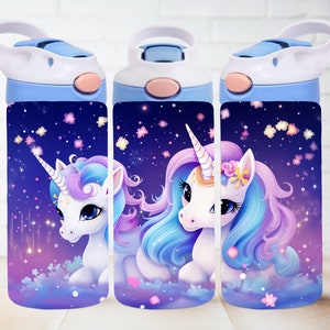 Unicorn 12oz Kids Flip Top Sippy Cup Tumbler Wrap, 12oz Straight Tumbler Sublimation PNG, Girl's Sparkly Unicorn Pretty Tumbler Wrap Design