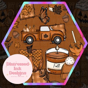 May include: A seamless digital design with autumnal illustrations. The design includes a brown pickup truck carrying pumpkins, a butterfly, fall leaves, acorns, a candle, and caramel apples. The words "Fall" and "Seamless" are visible.