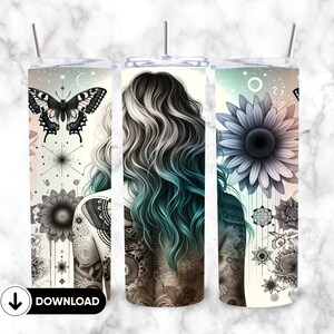 20oz Tumbler Wrap, Sublimation Design Templates, Straight PNG Digital download, Boho tumbler, Tattoo Girl PNG
