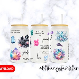 Crystal Affirmations 16oz Libbey Glass Can Tumbler Sublimation Design - Design Digital Download PNG, Manifestation 16oz Tumbler PNG