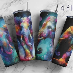 Alcohol Ink Neon Colorful Elephant 20oz Skinny Tumbler Sublimation Design, Straight & Tapered Tumbler Wrap, Instant Digital Download PNG