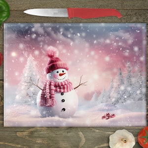 Christmas Cutting Board Design Download, Snowman Glass Cutting Board PNG Printable Digital File, Pink Christmas Cutting Board PNG