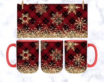 15 Oz Christmas Mug Png Sublimation Designs Christmas Snowflakes coffee Mug PNG Digital Download, Coffee Mug PNG, Glitter Gold Christmas PNG
