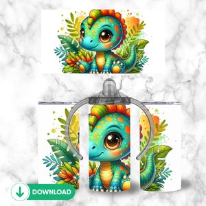 Dinosaurs 12oz Kids Flip Top Sippy Cup Tumbler Wrap, 12oz Straight Tumbler Sublimation PNG, Childrens Dinosaur Tumbler Wrap Design PNG