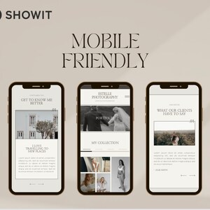 Op de afbeelding: Drie mobiele telefoonschermen die een websiteontwerp voor een fotografiebedrijf laten zien. Het eerste scherm zegt "Maak kennis met mij" en heeft een foto van een gebouw met een boom. Het tweede scherm zegt "Estelle Photography" en heeft een foto van een stel. Het derde scherm zegt "Wat onze klanten te zeggen hebben" en heeft een foto van een stel in een veld.