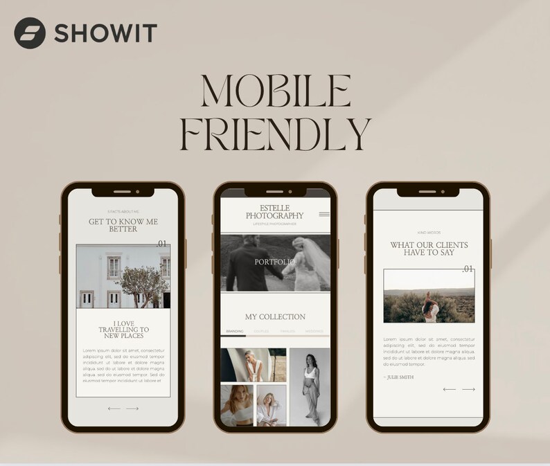 Op de afbeelding: Drie mobiele telefoonschermen die een websiteontwerp voor een fotografiebedrijf laten zien. Het eerste scherm zegt "Maak kennis met mij" en heeft een foto van een gebouw met een boom. Het tweede scherm zegt "Estelle Photography" en heeft een foto van een stel. Het derde scherm zegt "Wat onze klanten te zeggen hebben" en heeft een foto van een stel in een veld.