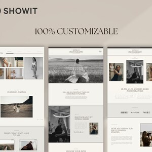 Op de afbeelding: Een website-mockup voor een fotograaf die zijn werk en diensten presenteert. De website heeft een minimalistisch ontwerp met een zwart-wit kleurenschema. De tekst op de website omvat "Estelle Photography", "Tijdloze herinneringen cre&euml;ren, &eacute;&eacute;n klik tegelijk", "Doe mee met het cre&euml;ren van tijdloze herinneringen", "Hallo, ik ben een fotograaf gevestigd in Los Angeles", "Fotografie door Estelle Hayes", "Kies je pad", "Hoe mijn passie voor fotografie begon", "Bruiloften", "Kinfolk", "Vogue", "Mijn collectie", "Uitgelichte foto's", "Wat onze klanten te zeggen hebben".