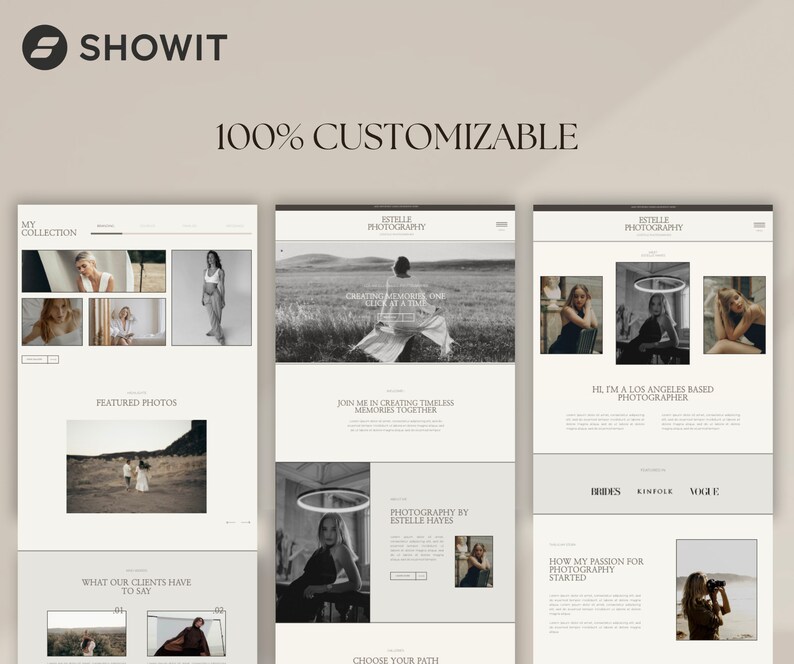 Op de afbeelding: Een website-mockup voor een fotograaf die zijn werk en diensten presenteert. De website heeft een minimalistisch ontwerp met een zwart-wit kleurenschema. De tekst op de website omvat "Estelle Photography", "Tijdloze herinneringen cre&euml;ren, &eacute;&eacute;n klik tegelijk", "Doe mee met het cre&euml;ren van tijdloze herinneringen", "Hallo, ik ben een fotograaf gevestigd in Los Angeles", "Fotografie door Estelle Hayes", "Kies je pad", "Hoe mijn passie voor fotografie begon", "Bruiloften", "Kinfolk", "Vogue", "Mijn collectie", "Uitgelichte foto's", "Wat onze klanten te zeggen hebben".