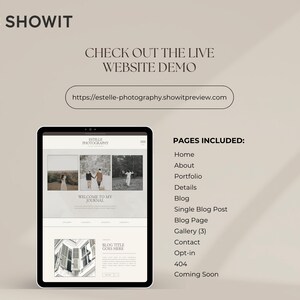 Op de afbeelding: Een screenshot van een websitedemo voor Estelle Photography. De website heeft een strak, modern ontwerp met een zwart-wit kleurenschema. De website bevat pagina's voor Home, Over ons, Portfolio, Details, Blog, Enkele blogpost, Blogpagina, Galerie, Contact, Opt-in, 404 en Binnenkort.