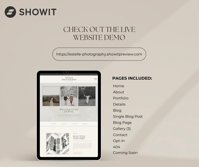 Op de afbeelding: Een screenshot van een websitedemo voor Estelle Photography. De website heeft een strak, modern ontwerp met een zwart-wit kleurenschema. De website bevat pagina's voor Home, Over ons, Portfolio, Details, Blog, Enkele blogpost, Blogpagina, Galerie, Contact, Opt-in, 404 en Binnenkort.