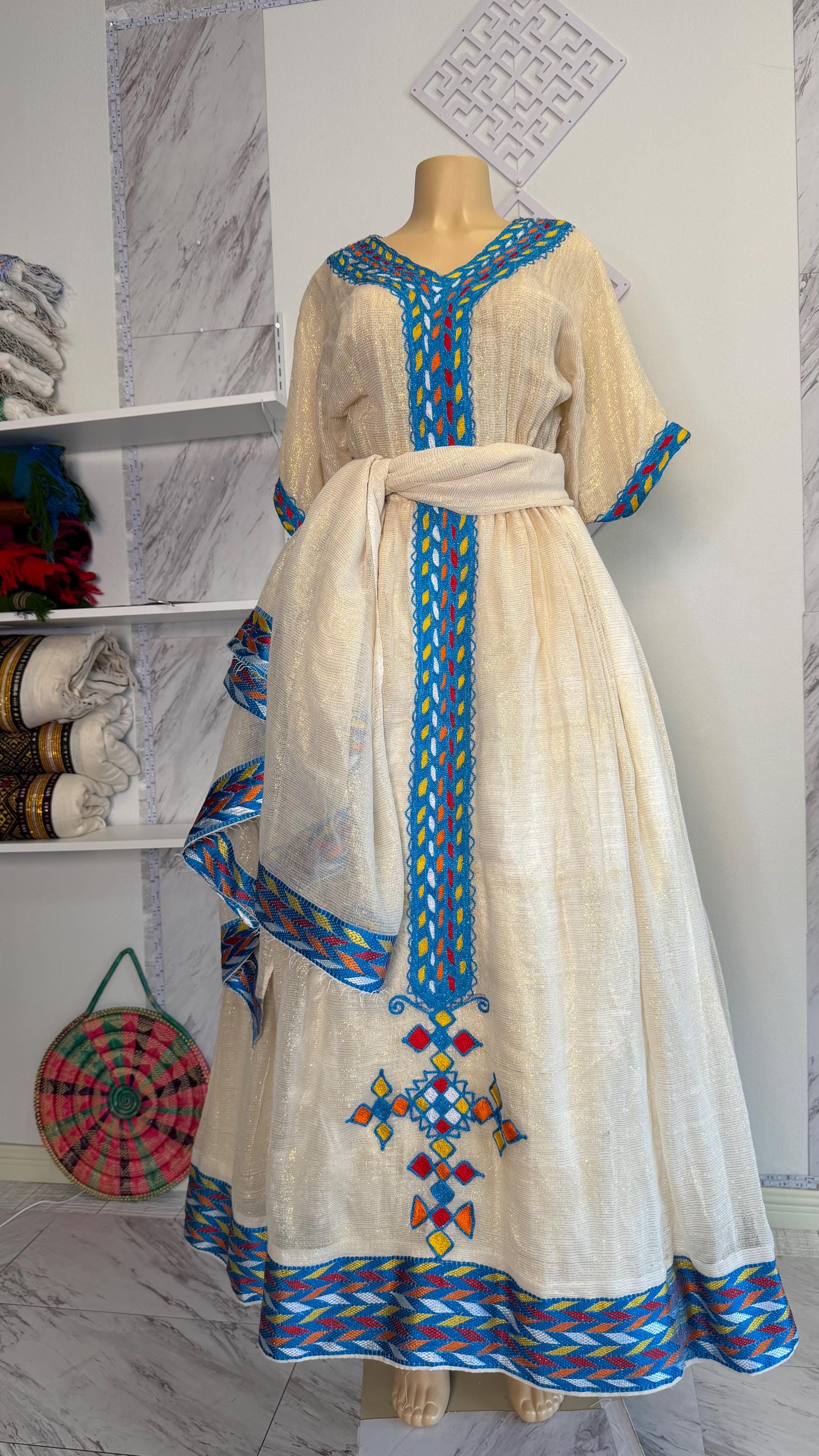 ethiopian fashion dress 2019 Elegant White Ethiopian Dress with Red & Gold Embroidery