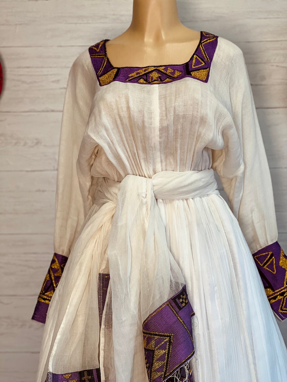 Ethiopian Dress - Cultural Dress with purple Embroidery for Celebrations main image 1