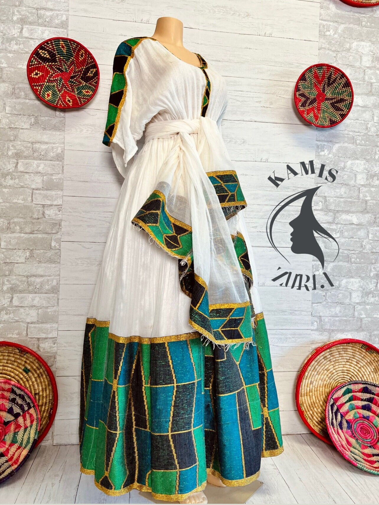 Modern Eritrean Dress in White with Green Embroidery main image 1