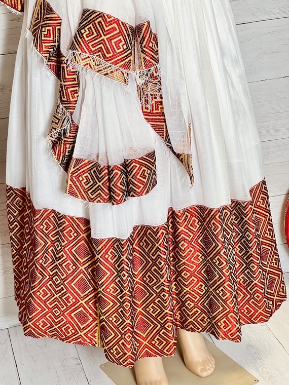 fitted lace wedding dress NUNU ETHIOPIAN TRADITIONAL KEMIS WITH RED VELVET CORSET | SOFT COTTON  FABRIC ETHIOPIAN WEAR main image 0