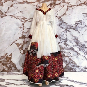 Gorgeous Tilf Habesha Kemis with Shimena Dress and Regal Menen Fabric, Habesha Kemis, Eritrean dress, ሀበሻ ቀሚስ with belt