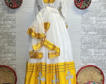 Golden Yellow Ethiopian and Eritrean traditional dress|kamis|