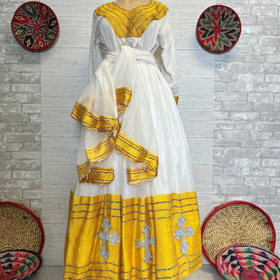 Golden Yellow Ethiopian and Eritrean Traditional Dress|Kamis|