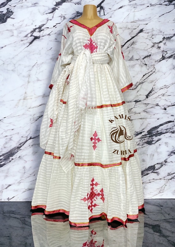 slim fit dress slacks NUNU ETHIOPIAN TRADITIONAL KEMIS WITH RED VELVET CORSET | SOFT COTTON  FABRIC ETHIOPIAN WEAR main image 1
