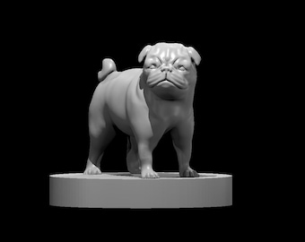 May include: A gray, 3D printed figurine of a pug dog standing on a round base. The pug is looking directly at the camera with a serious expression.