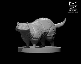 May include: A gray, detailed, 3D printed miniature of a steampunk badger with a segmented, armored body and a long tail.