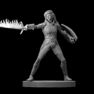Human Female Fighter in Scale Armor with Flaming Sword | TTRPG | DND | Pathfinder