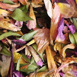 May include: Close-up of dried flower petals and leaves in shades of purple, pink, yellow, and green. The petals have a delicate, papery texture, and the leaves are a mix of fresh and dried. The image suggests a natural, botanical theme.