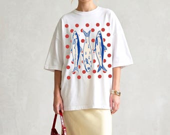 Sardines Graphic Tshirt, Polka Dots Sardines Shirt, Fisherman Aesthetic, La Dolce Vita Shirt, Mediterranean Summer Tops, Tomato Girl Summer