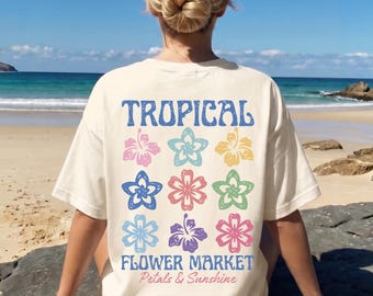 Tropical Flower Market Shirt, Hibiscus Flower Tee, Coastal Floral Shirt, Coconut Girl Summer, Boho Floral Island Shirt, Hawaii Flower Shirt