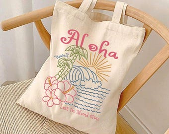 Hawaii Flower Aloha Tote Bag, Retro Palm Tree Beach Bag, Tropical Coastal Beach Bag, Coconut Girl Summer Tote Bag, Summer Vibes Tote Bag
