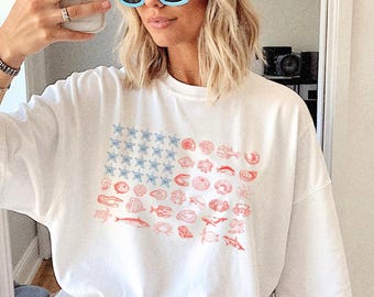 Oceancore American Flag Tee, 4th of July Fisherman Aesthetic Shirt, Sardines Shirt, La Dolce Vita Tshirt, Tomato Girl Summer, Lobster Tshirt