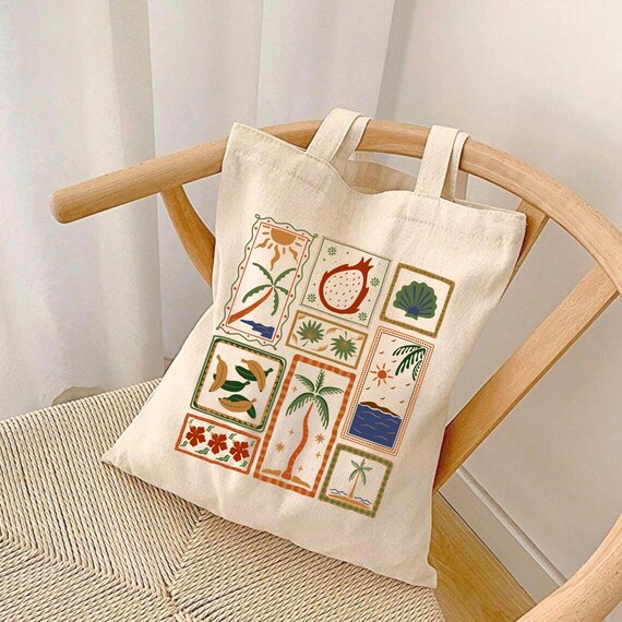 Retro Palm Tree Beach Bag, Mediterranean Tote Bag, Retro Seashells Tote Bag, Tropical Coastal Beach Bag, Coconut Girl Summer Aesthetic Bag